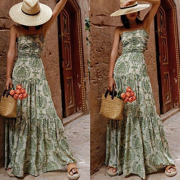 Army Green Boho Women's Vacation Printed Bohemian Backless Maxi Cami Dress - Picture 1 of 9
